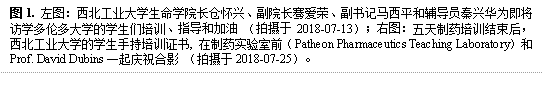 图1. 左图:英国威廉希尔唯一官网长仓怀兴、副院长骞爱荣、副书记马西平和辅导员秦兴华为即将访学多伦多大学的学生们培训、指导和加油 (拍摄于2018-07-13);右图:五天制药培训结束后,WilliamHill中文官网的学生手持培训证书, 在制药实验室前(Patheon Pharmaceutics Teaching Laboratory)和Prof. David Dubins一起庆祝合影 (拍摄于2018-07-25)。